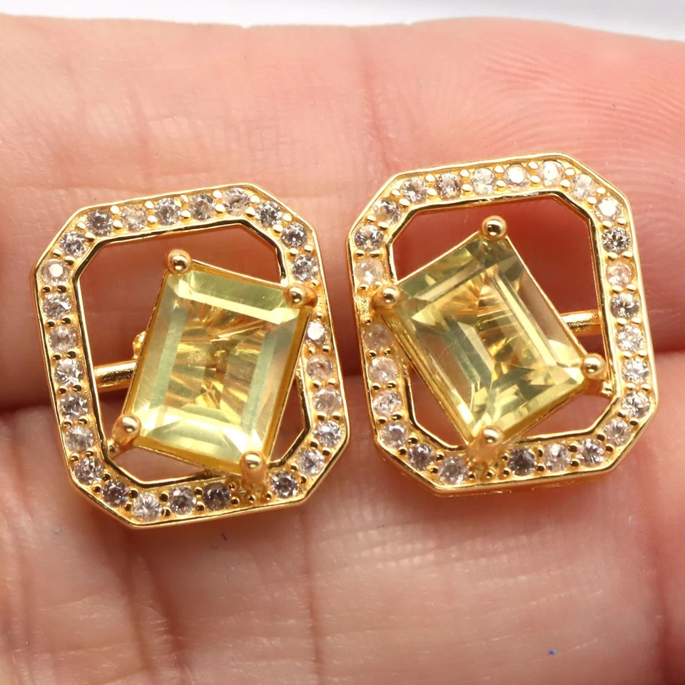 Plata de ley 925 6 x 8 mm. Pendientes de piedra de nacimiento de cuarzo limón y circonita cúbica Foto 2 de 4