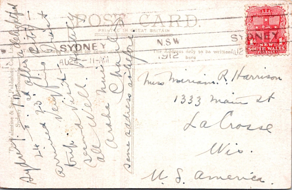 AUSTRALIA 1912 PICTORIAL POSTCARD POST OFFICE SYDNEY ADDR USA POSTMARK SYDNEY - Image 2 of 2