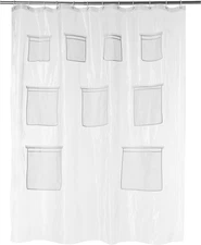 8-Gauge PEVA Shower Curtain or Liner with Mesh Storage Pockets - 72" X 72", Clea