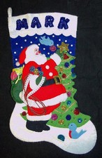 Vtg Bucilla MARK Santa Claus Birds Tree Embroidered Felt Stocking 18" COMPLETED 