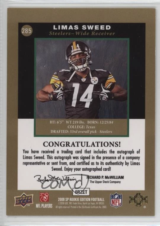 2008 SP Rookie Edition Premier Prospects Auto Limas Sweed #285 Auto RC - Image 2 of 2