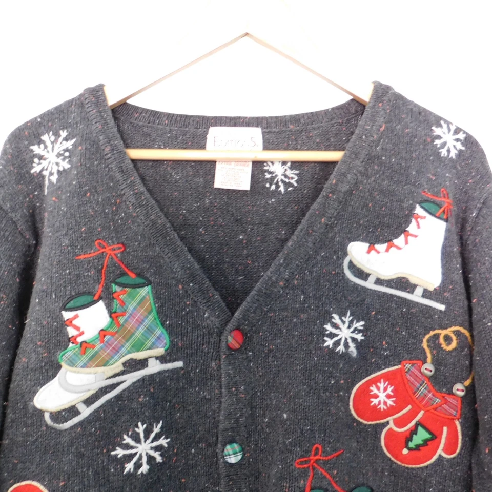 Cárdigan Suéter Navidad Feo Talla XL Patines Mitón Cárdigan Años 90 Vintage Algodón Foto 2 de 4