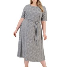 Kasper grey black dot short sleeve belted midi shift dress size 22 b56