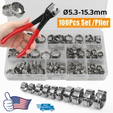 100Pcs Hose Clamp/Plier Assorted Stainless Steel Ear Cinch Rings Crimp Pinch Set