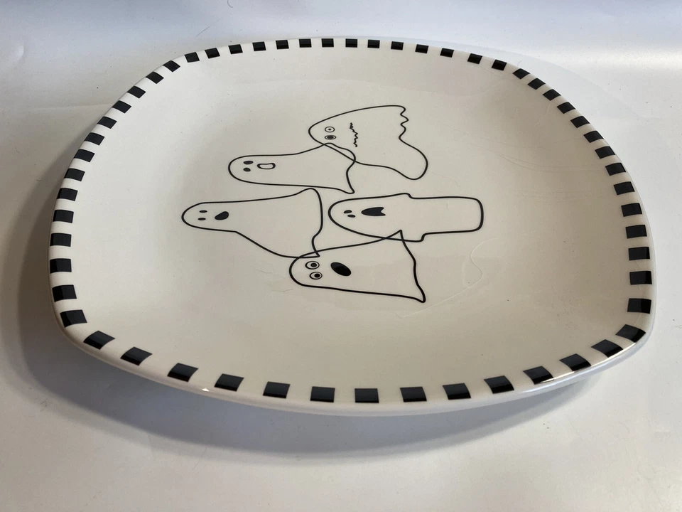 Tag Halloween ceramic ghost platter 5 ghosts black & white "tile" border 12" - Image 4 of 4