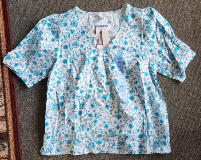 NEW!! Draper James Women's Short Puff Sleeve Heidi V Neck Top, Sz L, Paisley