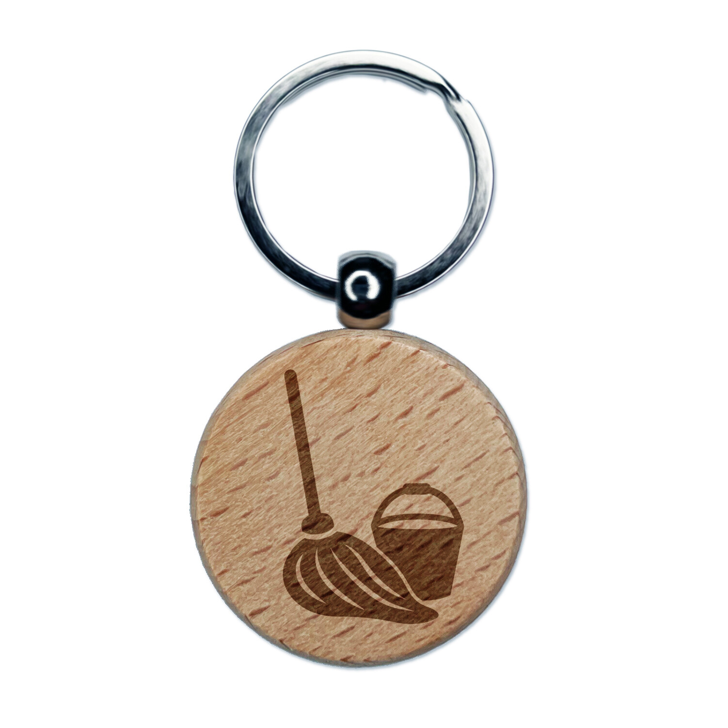 Mop and Bucket Cleaning Engraved Wood Round Keychain Tag Charm