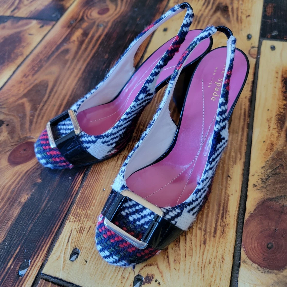 Kate Spade New York Kassie Plaid 6.5 B Slingback Pumps Made in Italy - Image 3 of 4