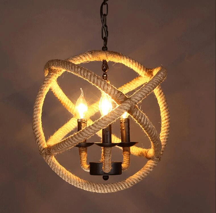Vintage Industrial Chandelier Pendant Light Ceiling Lamp Hemp rope Cage 3 lights - Image 2 of 4