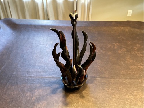 Vintage Monkey Pod MCM Wood Flower Leaves Arrangement Sculpture 14.5" x 9"