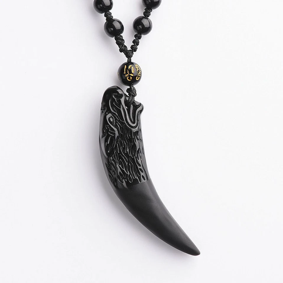 Natural black Obsidian Crystal Wolf Tooth Necklace pendant bead with chain - Image 3 of 4