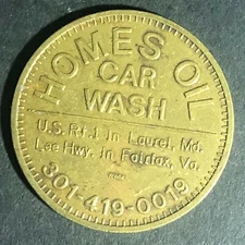 Vintage Homes Oil Car Wash Brass Token Fairfax, VA Laurel, MD 28mm
