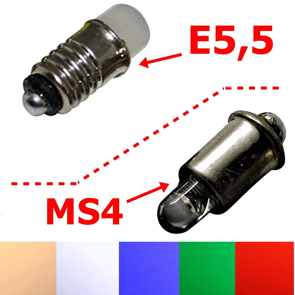 LED-MAFIA 1x 10x LED MS4 E5,5 Lampen Birnen Modellbahn passend für TT H0 Bahn rot warmweiß