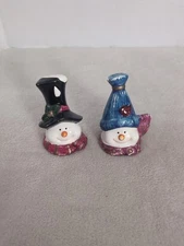 Vintage Snowman Heads Salt & Pepper Shakers Tall Hats Hand Painted Christmas