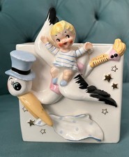 Vtg Relpo Blue STORK  BABY BOY Ceramic PLANTER C813