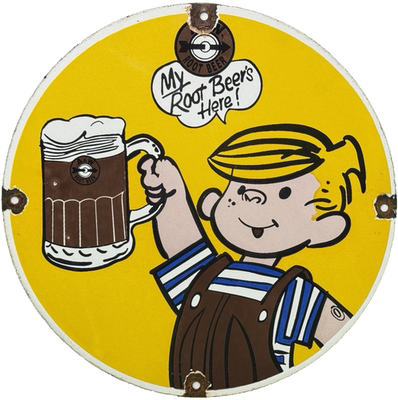 #ad VINTAGE A amp; W quot;M M M GOOD quot; PORCELAIN SIGN DENNIS THE MENACE ROOT BEER FLOAT $108.76