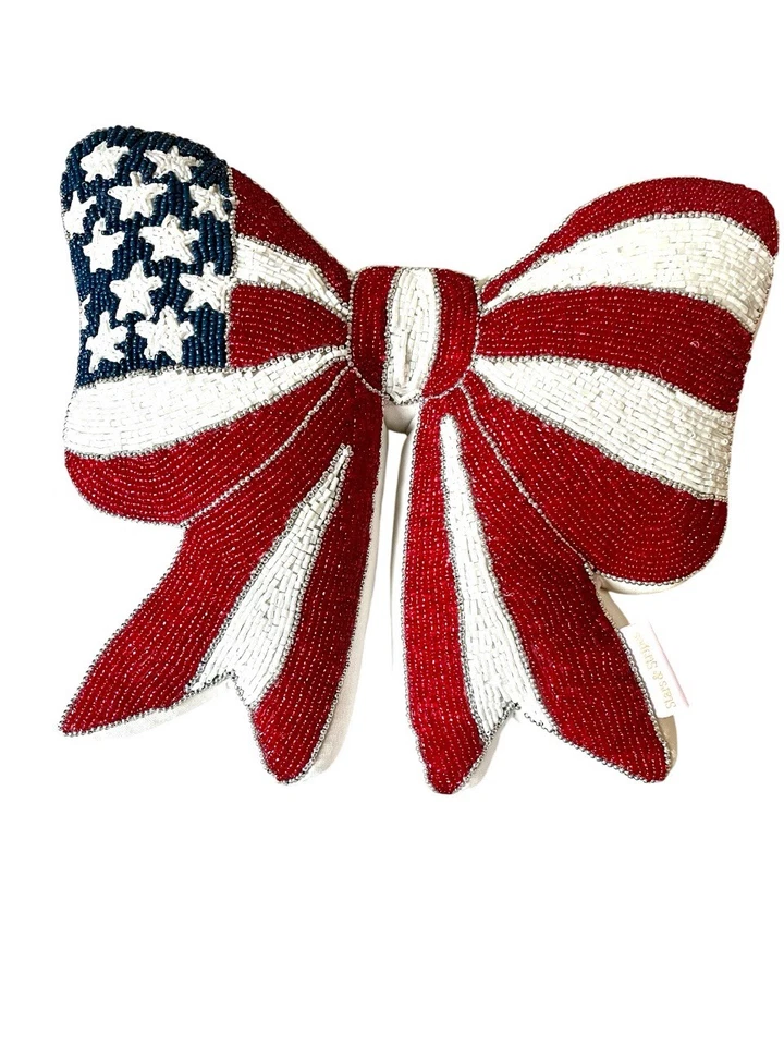 Almohada con lazo con cuentas americana estrellas y rayas 4 de julio 14 pulgadas nueva con etiquetas Foto 2 de 4