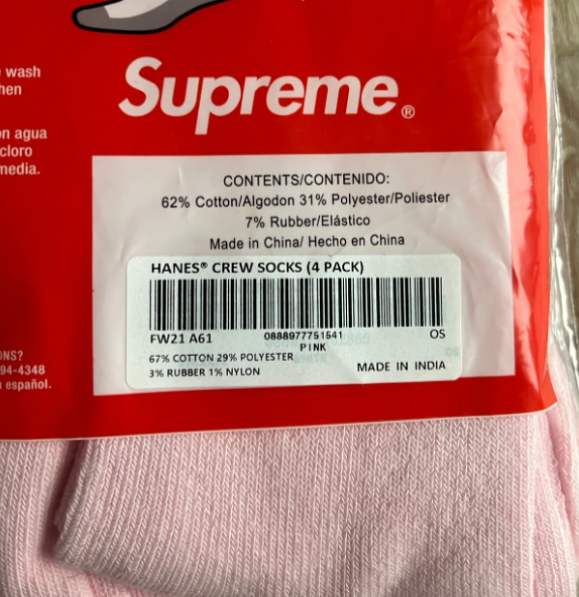 Pink Supreme Hanes Crew Socks 4 Pack Size 6-12 Unisex Streetwear