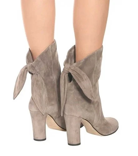 Jimmy Choo Ankle Boots Malene Knot Back Booties Stone Suede Shoes Sz 36