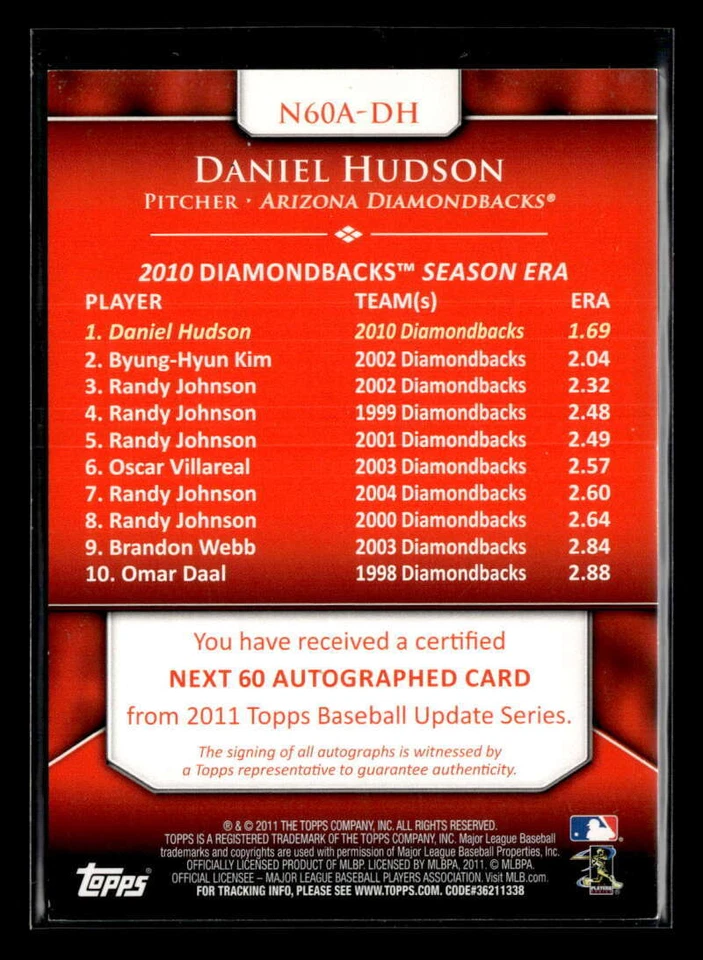 2011 Topps Update Daniel Hudson Next 60 Autograph Auto Diamondbacks FX1189 - Image 2 of 2