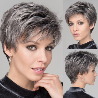 Short Grey Black Pixie Cut Synthetic Wig Heat Safe Fashion Natural Looking Wig