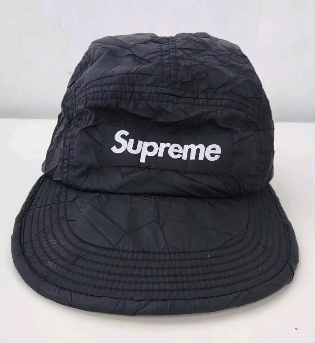 FW15 Supreme Wrinkled Nylon Soft Bill Camp Cap Hat Black Box logo Vintage 2015