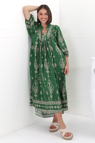 JAASE - Boheme Midi Dress: Piping Defined Bust Slimline Smock Dress in Kiva P... - Picture 11 of 12