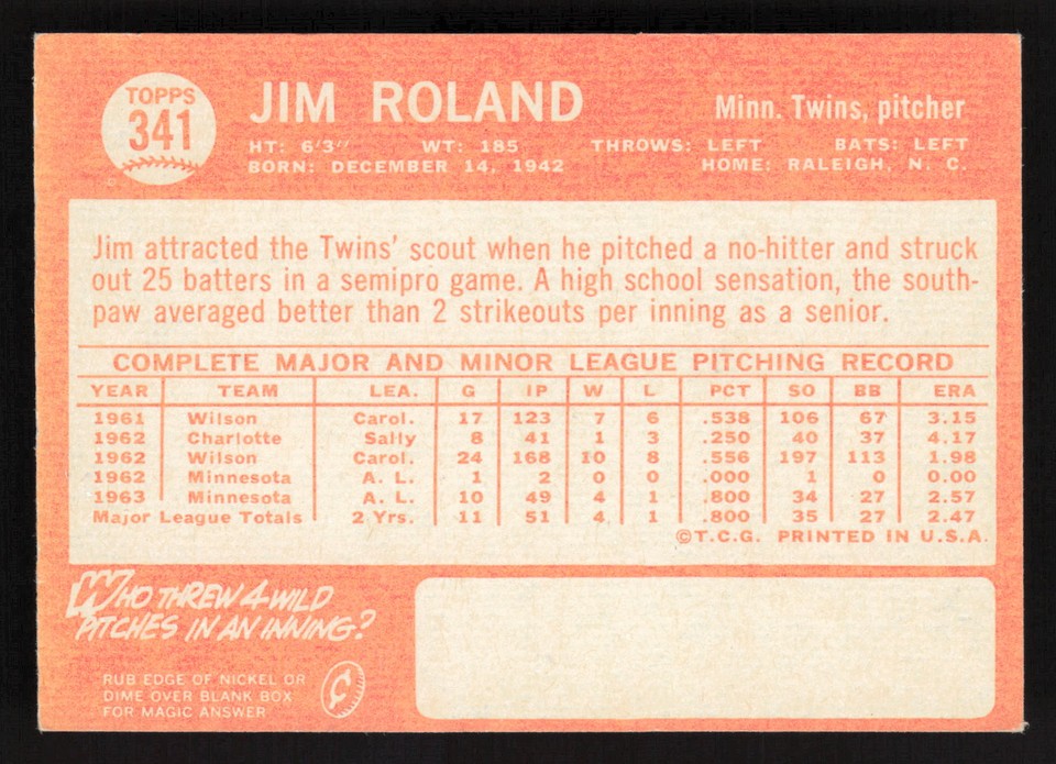 Jim Roland 1964 Topps #341 Minnesota Twins VG-EX GS b | eBay