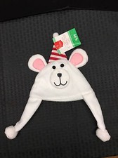  NWT  White Polar Bear Toddler Hat w/ Pink Ears Wearing Red Striped Hat B1 
