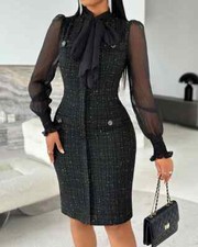 Women's Dress Tie Neck Mesh Patch Long Sleeve Midi Dress Fashion Work Dress