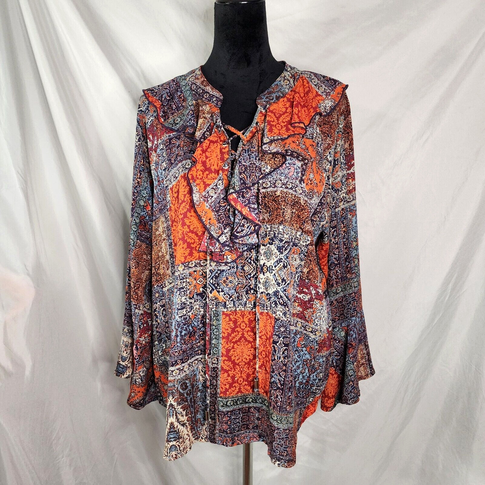 NEW DIRECTIONS Size XL Patchwork Pattern Boho Ruf… - image 1