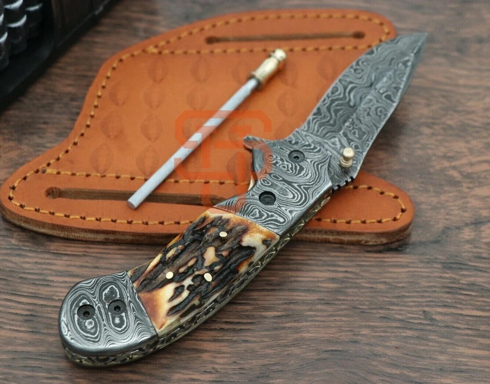 ✅ Cuchillo Plegable de Acero Damasco Genuino Cuerno de Ciervo Cuchillo de Bolsillo Pin de Mosaico EE. UU. Foto 2 de 4