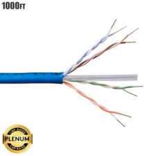 1000FT CAT6A Ethernet Network Cable UTP CMP Plenum Solid Copper Wire 23AWG Blue