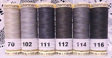 6 different Gray colors GUTERMANN 100% polyester sew-all thread 110 yard spools