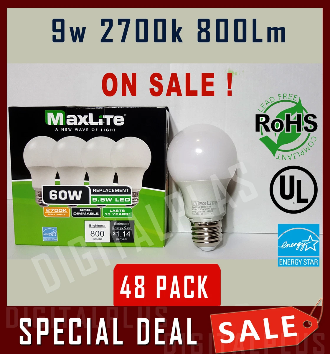 Lot Of 48 Maxlite 9.5w LED Bulb 60 watt replace A19 Soft White 2700K Light 60w