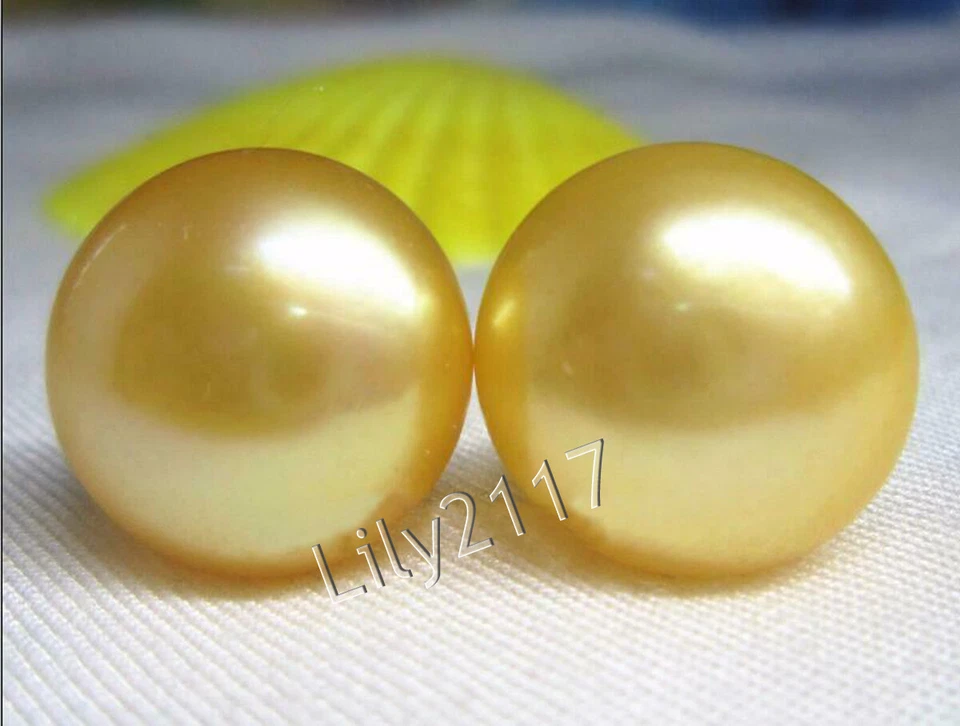Huge Natural 13-14mm South Sea Golden Pearl Stud Earrings 14K White Gold AAA - Image 3 of 4