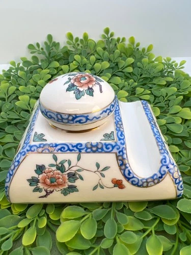 Vintage Signed NIPPON RC Porcelain Hand Painted Inkwell w Lid Flowers Asian