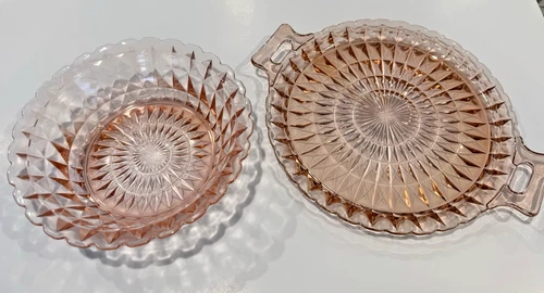 PINK Depression Glass Windsor Diamond 8.5” Bowl & 12” Handled Tray Jeanette