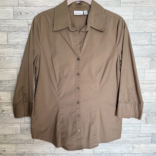 Kim Rogers Hemd mit Knopfleiste und Kragen ~ Größe Medium ~ hellbraun/hellbraun ~ 3/4-Arm