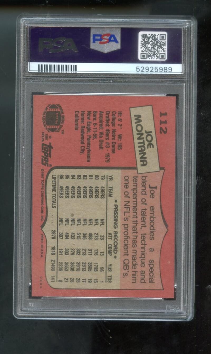 1987 Topps #112 Joe Montana PSA 9 Graded Football Card San Francisco 49ers NFL view 2