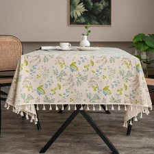 Vintage Floral Cotton Linen Tablecloth with Tassels – Rectangular Dining Cover