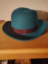 Women s Teal Felt Fedora Hat w/ Wide Brim, Burgundy Band Accent Solid