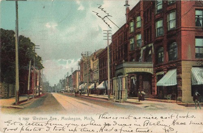 #ad Postcard Muskegon Michigan Western Avenue Antique UDB Sign Occidental $12.25