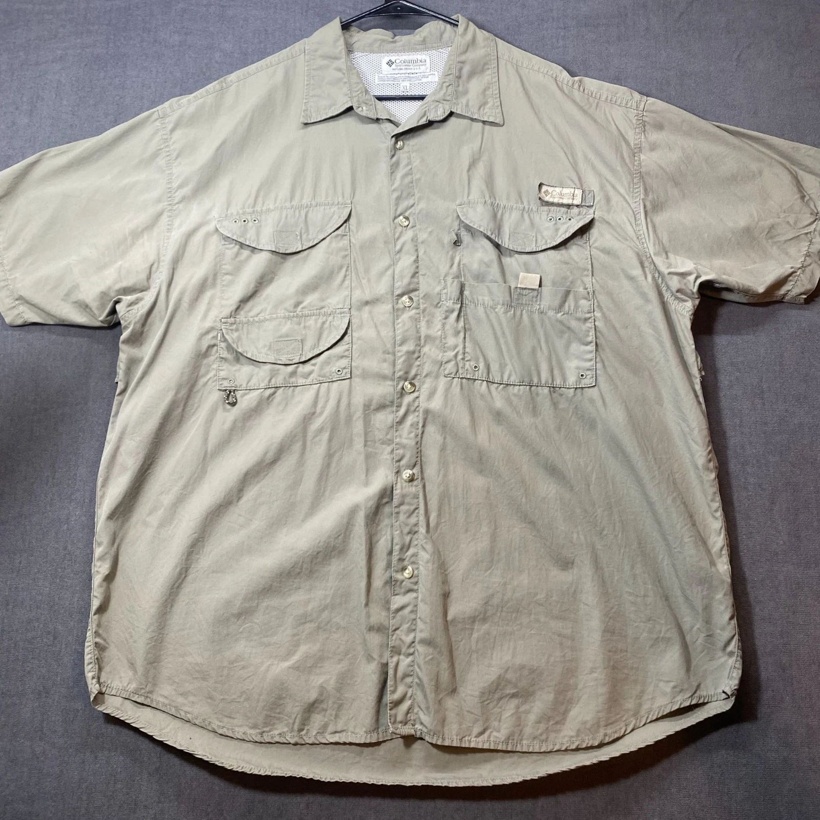 Columbia Mens XL PFG Vented Fishing Shirt Cotton Mesh Lining Gray Short Sleeve