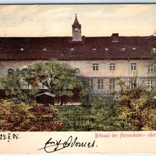 c1905 Rixdorf Germany Postcard Herrnhuter Prayer Hall Clock Tower Garden A374