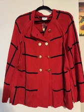Crown & Ivy Red Black Knit Poncho Cape Gold Buttons Womens One Size NWT