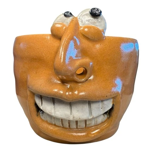 Vintage Hand Thrown Clay Art Pottery Ugly Funny Face Mug Teeth Smile Signed