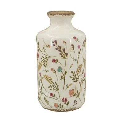 Ceramic Cylinder Vase, with Multi-Colored Floral Motifs High 8.3'' Table Decor