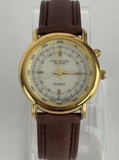 Halston Everlite 34mm Gold Tone Quartz Watch w/Brown Leather Band & New Battery