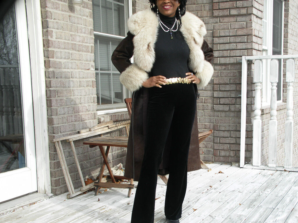 Elegant Pliable Full length Fox fur & dark brown Pony Fur Coat S-6